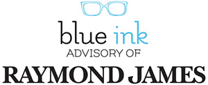 Blue Ink logo featuring stylized blue eyeglasses above the text 'blue ink' with 'blue' in black and 'ink' in light blue, followed by 'A DIVISION OF RAYMOND JAMES' in black letters