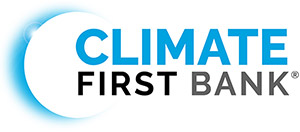 Climate First Bank logo featuring a blue crescent moon shape on the left, with 'CLIMATE FIRST' in blue letters and 'BANK' in black letters